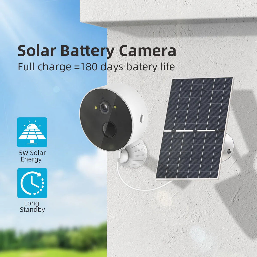 Outdoor solar-powered 1080P monitoring camera with solar panel for continuous battery charging
