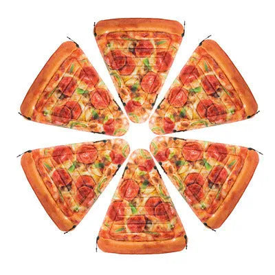 Large inflatable pizza-themed surfboard lounger floating on water.