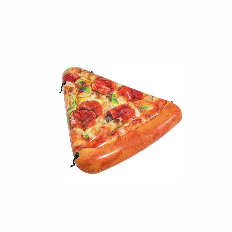 Large inflatable pizza-themed surfboard lounger floating on water.