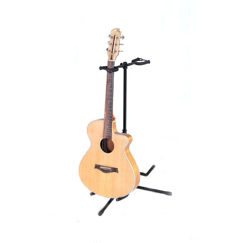 Black vertical double-headed adjustable iron guitar stand on a tripod base.