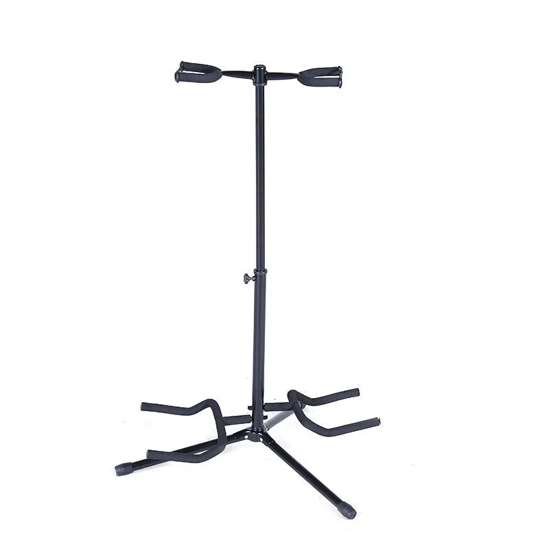 Black vertical double-headed adjustable iron guitar stand on a tripod base.