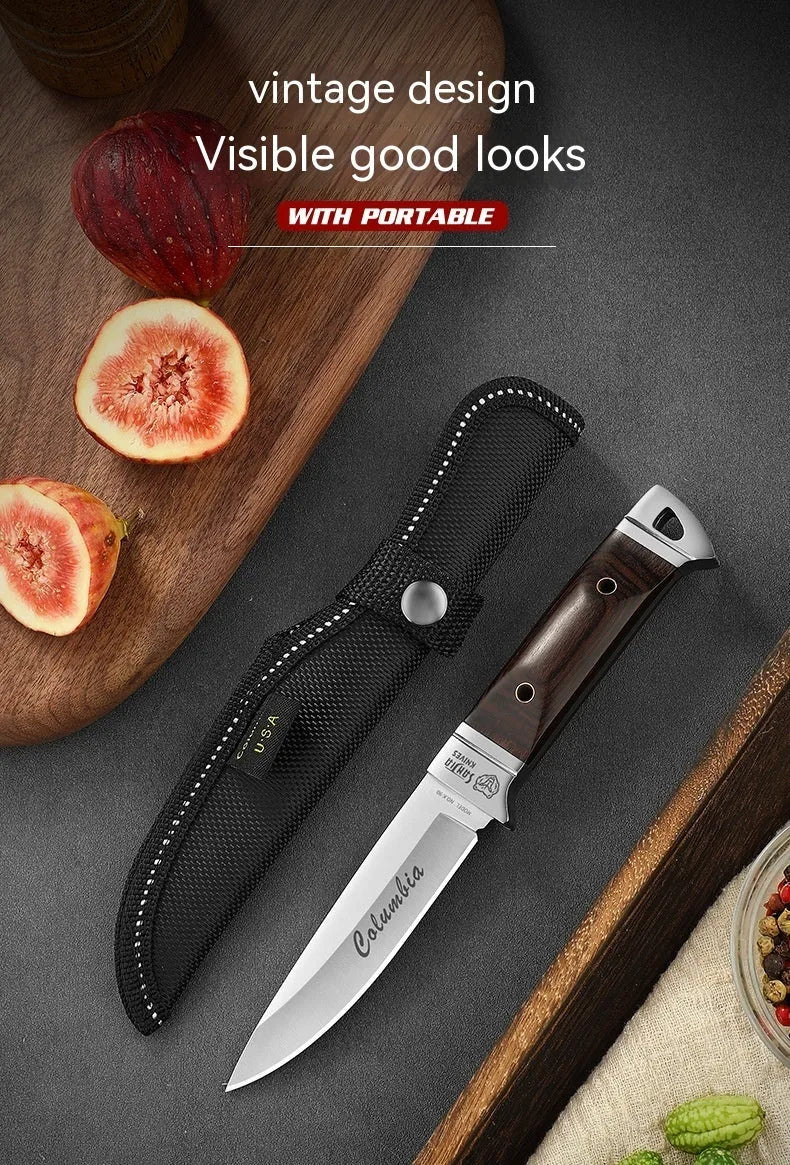 Camping multifunctional fruit knife with stainless steel blade and leather protective case