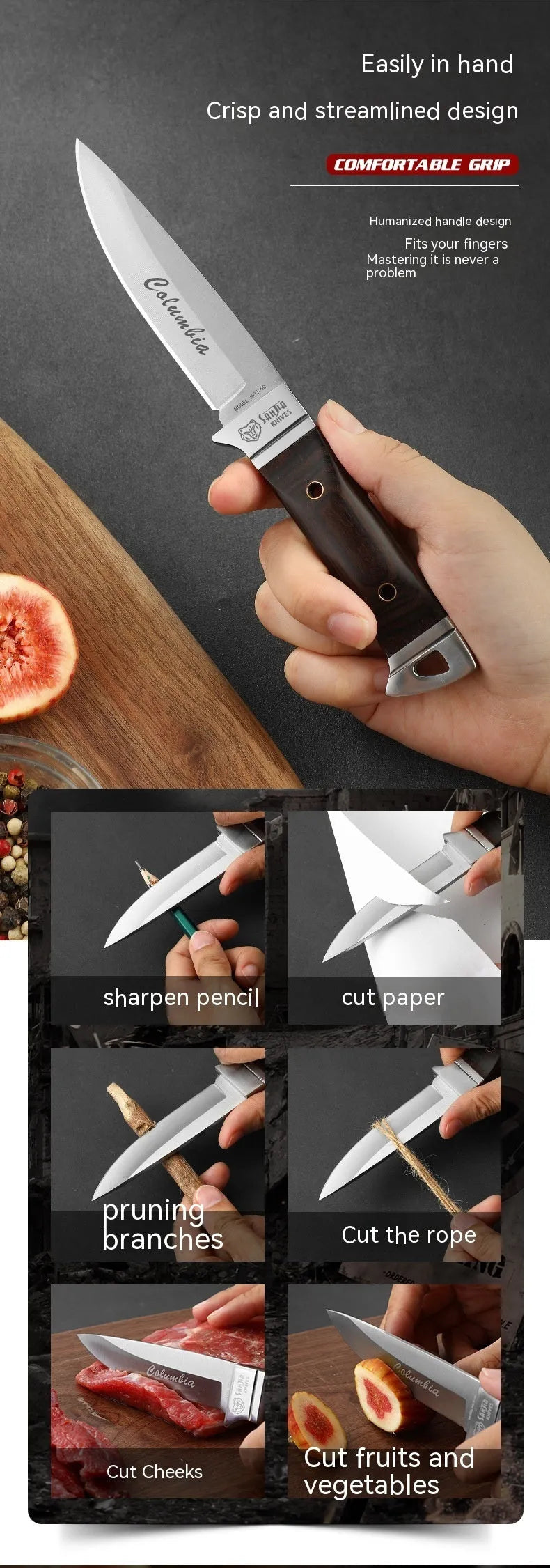 Camping multifunctional fruit knife with stainless steel blade and leather protective case