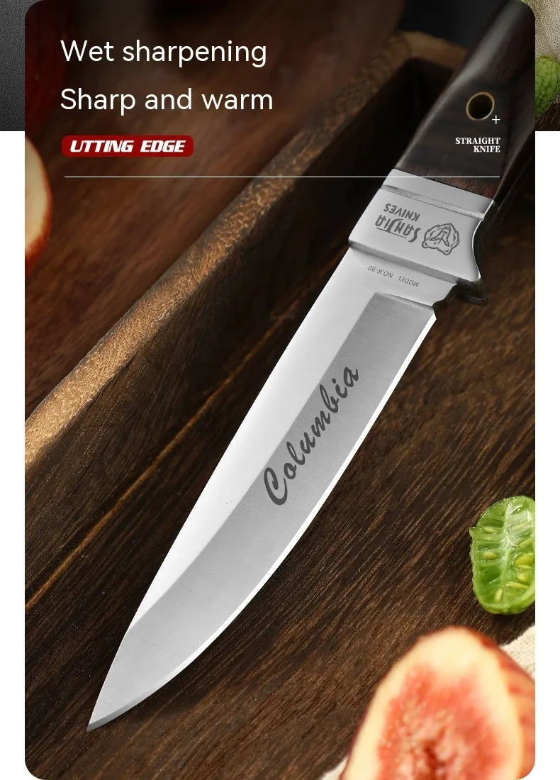 Camping multifunctional fruit knife with stainless steel blade and leather protective case