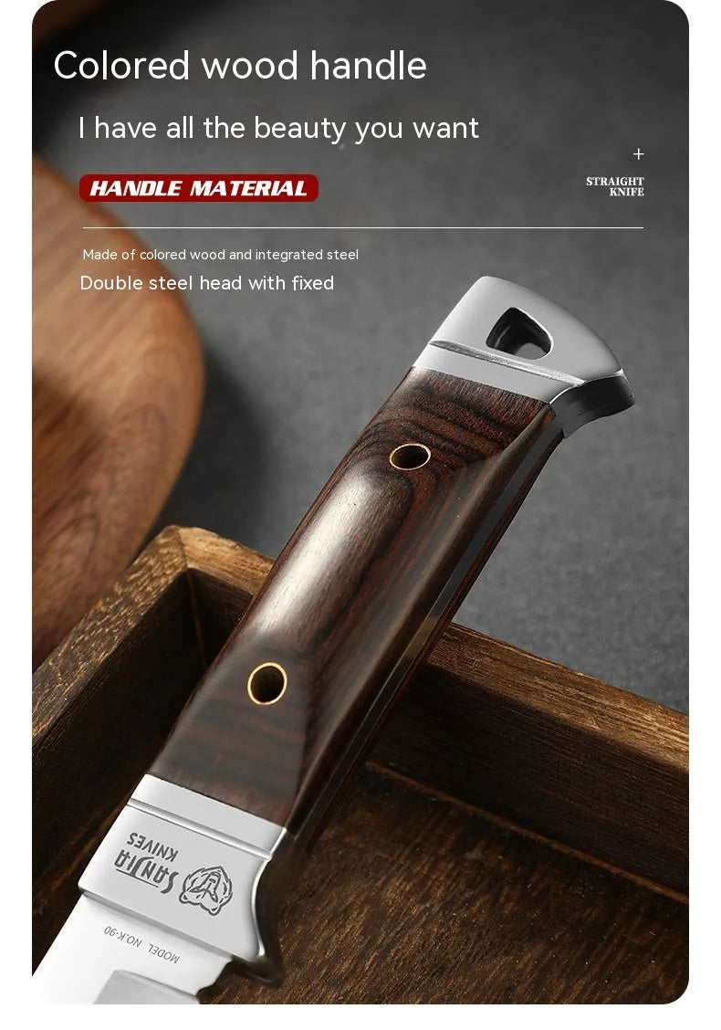 Camping multifunctional fruit knife with stainless steel blade and leather protective case