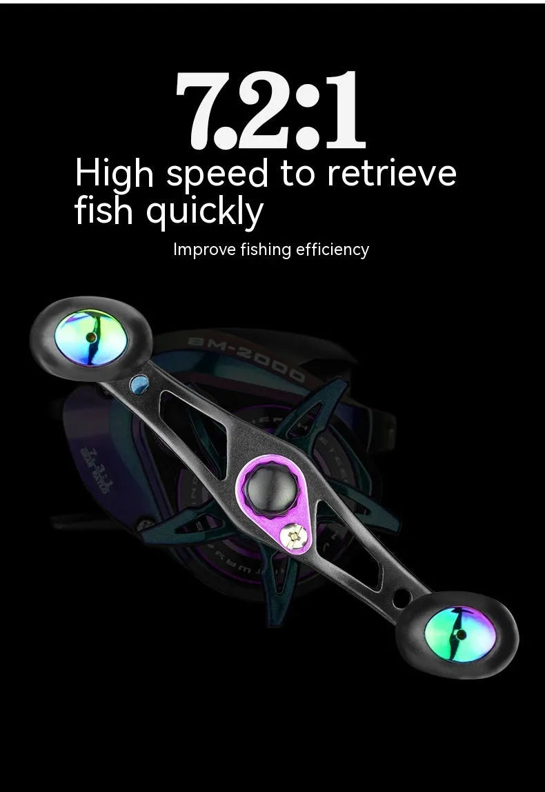 BM2000 fishing reel with water drop shape and magnetic brake system, shown in left-hand and right-hand retrieve options.