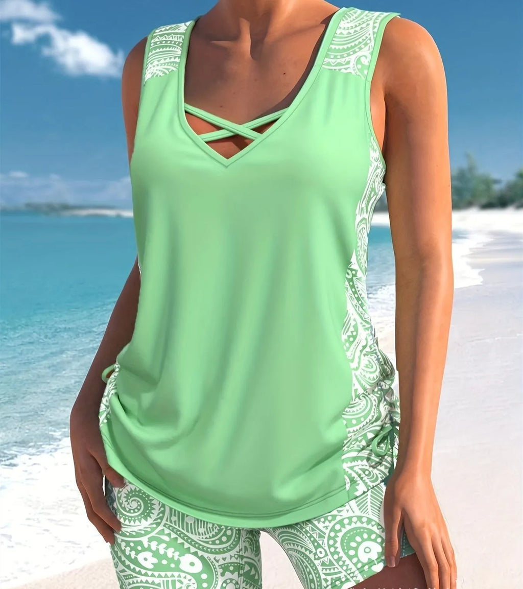 Women's printed split boxer swimsuit set showing bikini top and matching shorts