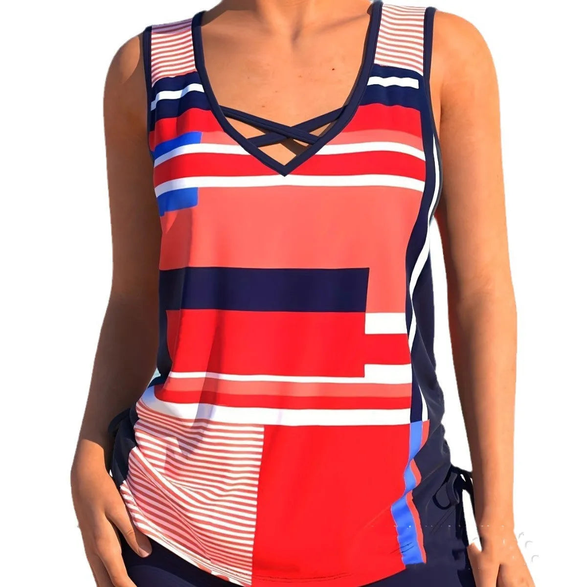 Women's printed split boxer swimsuit set showing bikini top and matching shorts