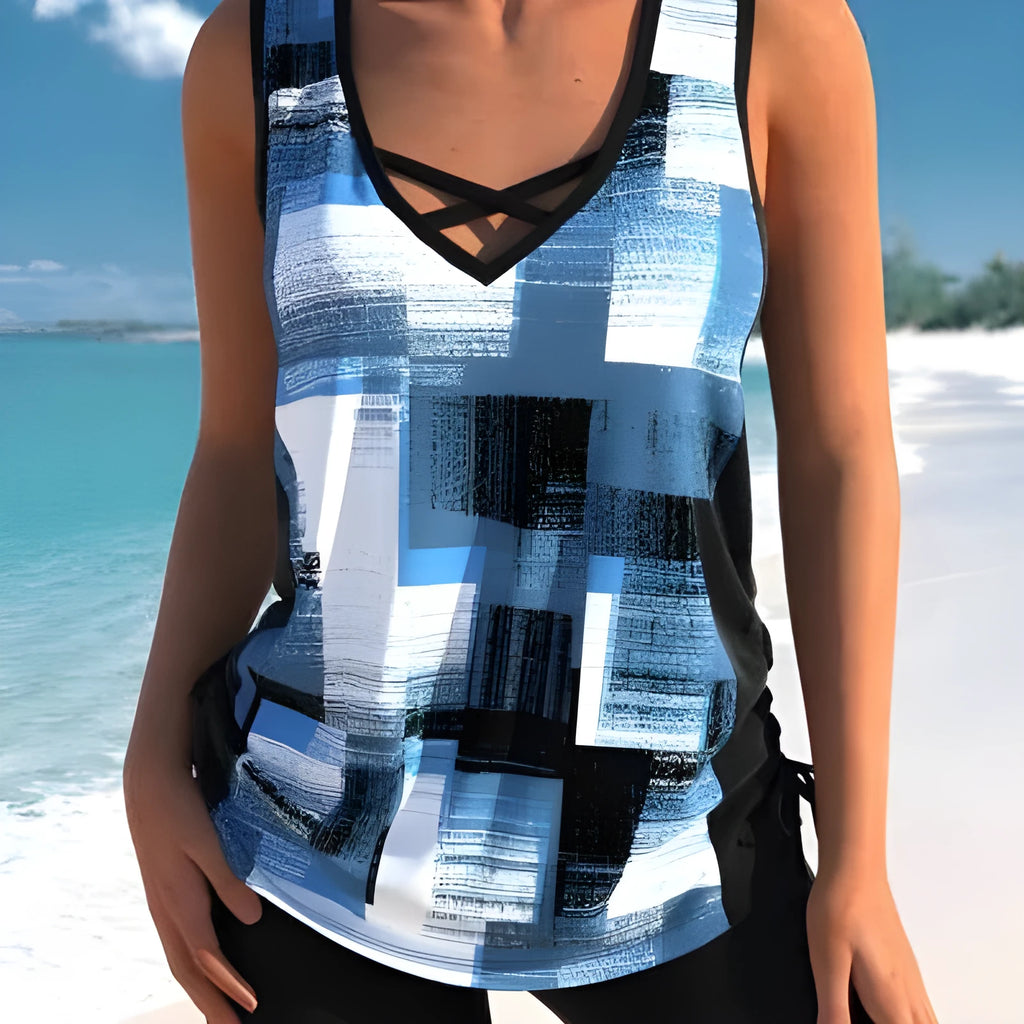 Women's printed split boxer swimsuit set showing bikini top and matching shorts
