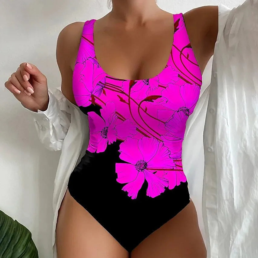 Women's 3D printed one-piece swimsuit in orange red, sky blue, and purple colour options