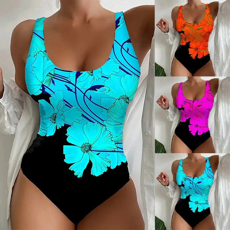Women's 3D printed one-piece swimsuit in orange red, sky blue, and purple colour options