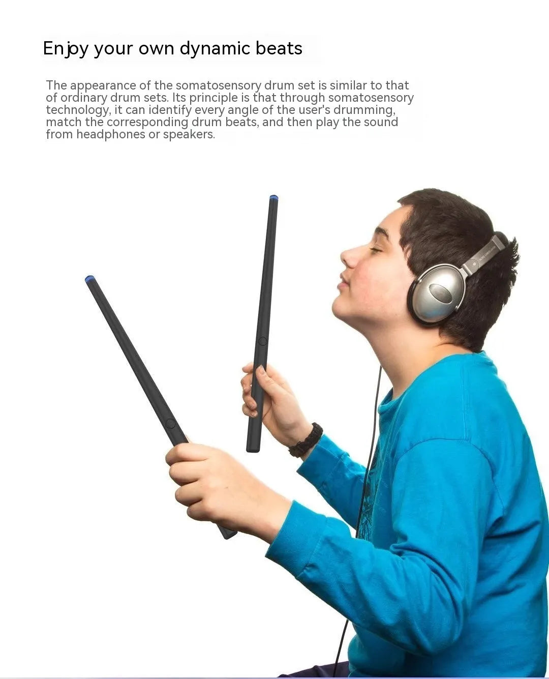 Black wireless somatosensory air drum kit virtual reality toy with LED lights and included drumsticks