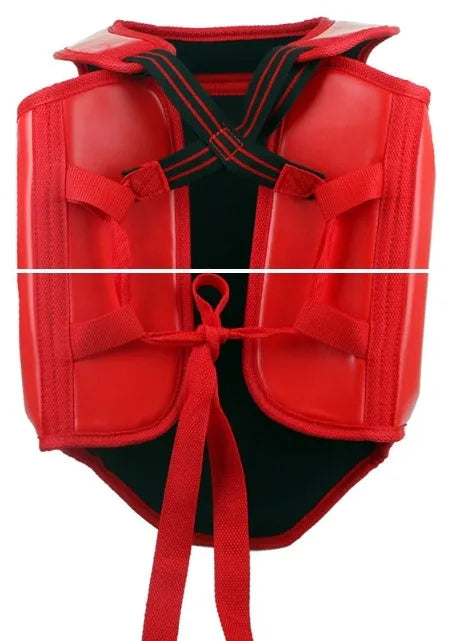 Adult boxing training helmet with integrated chest protector in black, blue or red colours