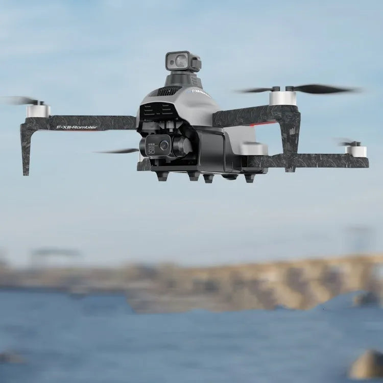 White folding quadcopter drone with camera and obstacle avoidance sensors on a grey background