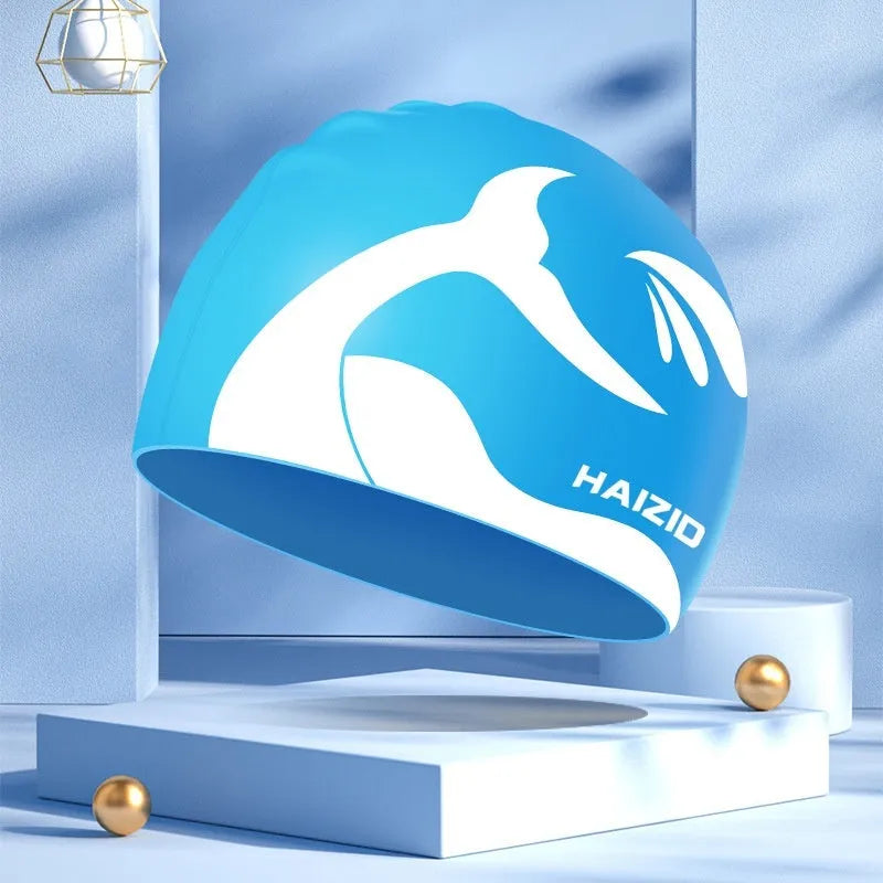 Whale tail pattern silicone swim cap with waterproof ear protectors in black colour option