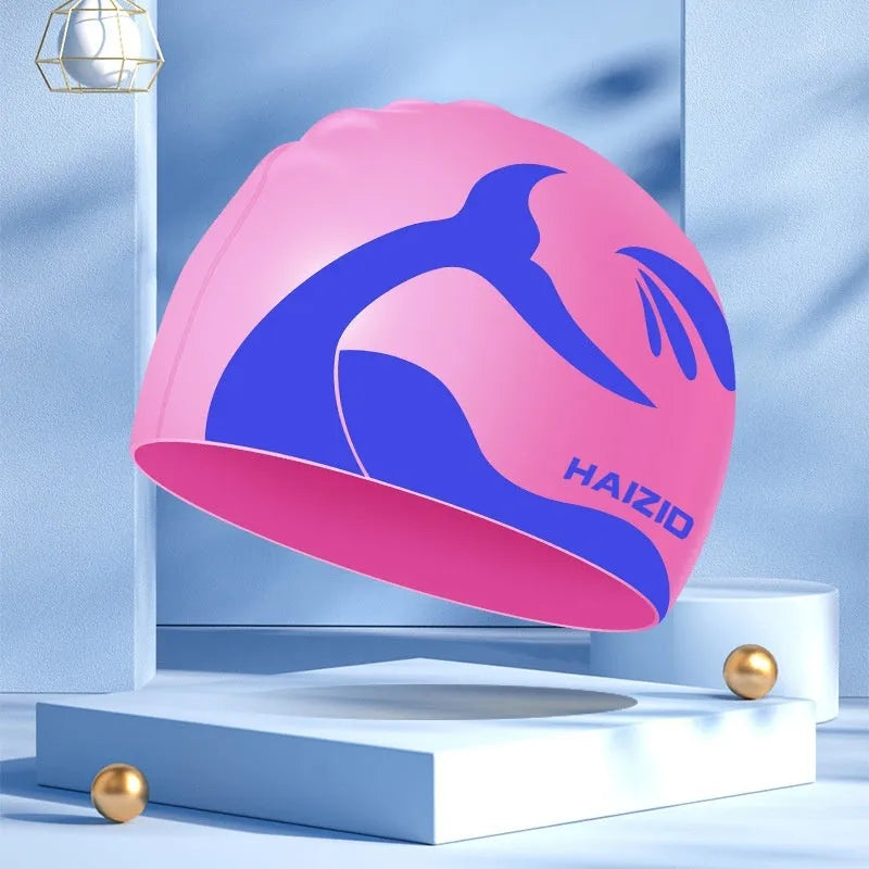 Whale tail pattern silicone swim cap with waterproof ear protectors in black colour option