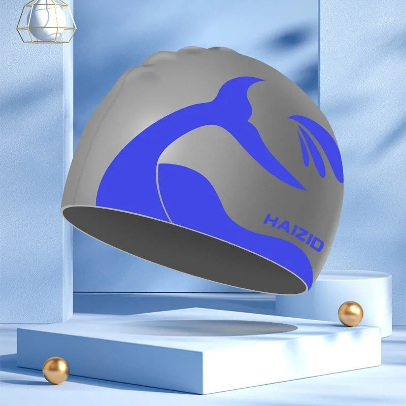 Whale tail pattern silicone swim cap with waterproof ear protectors in black colour option