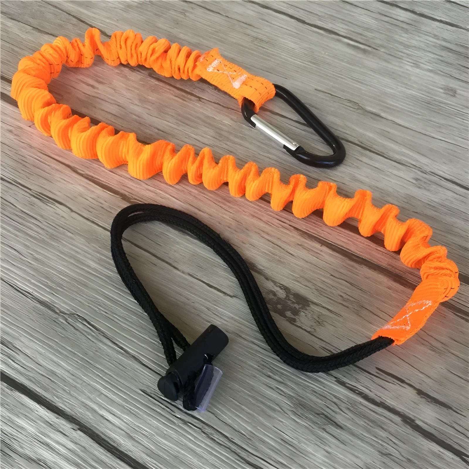 Orange fishing rod safety rope showing 90cm length and connection fittings for fall protection