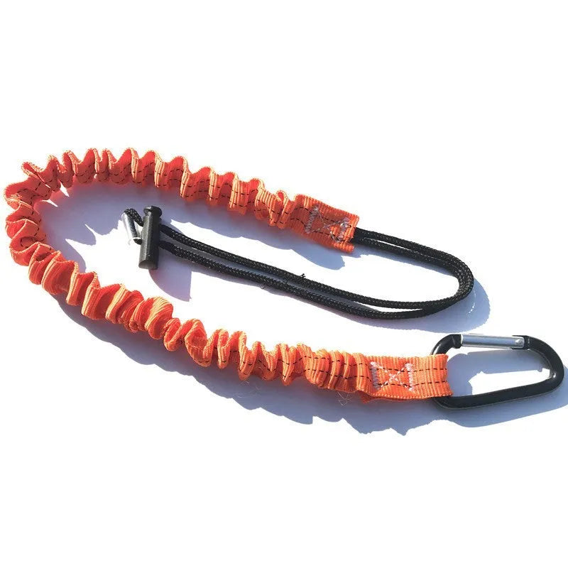 Orange fishing rod safety rope showing 90cm length and connection fittings for fall protection