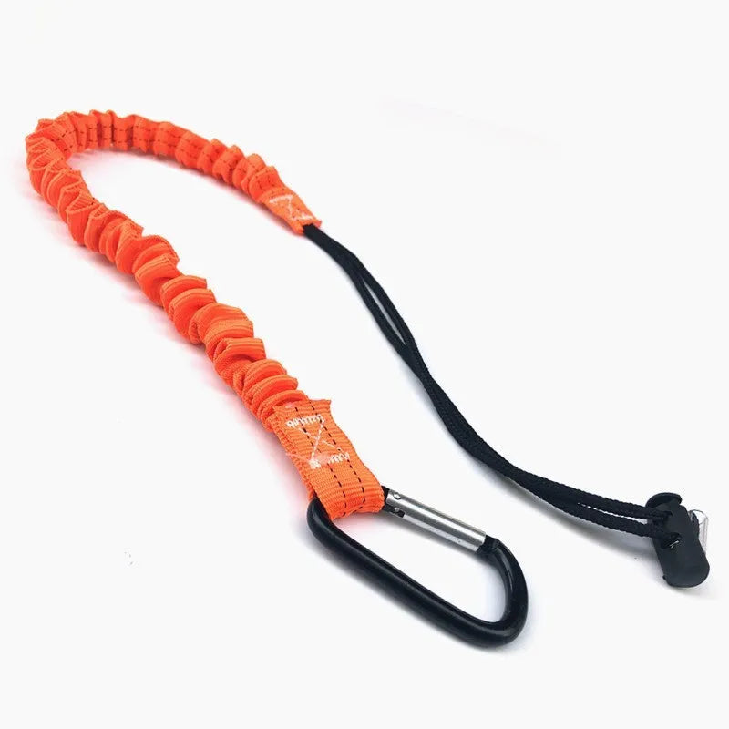 Orange fishing rod safety rope showing 90cm length and connection fittings for fall protection