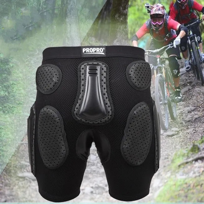 Black cycling hip protection pants with integrated padding for mountain and road biking safety