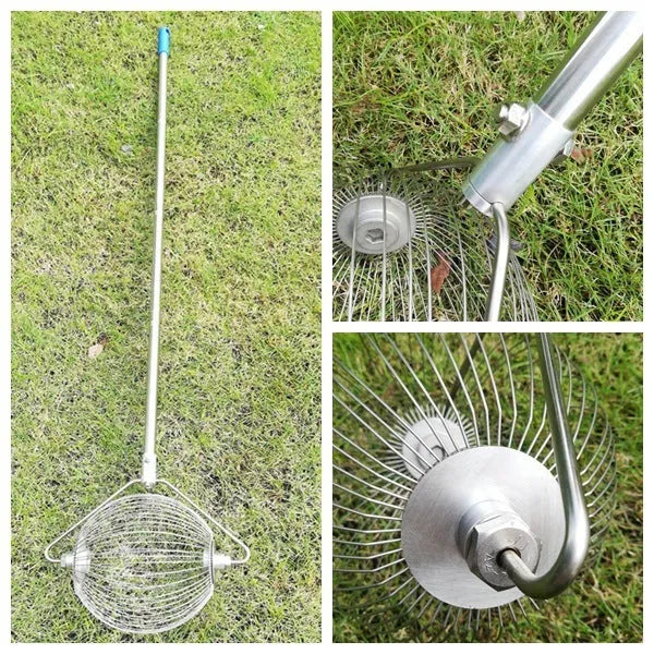 Stainless steel golf ball picker tool in metallic colour for retrieving balls from hazards.