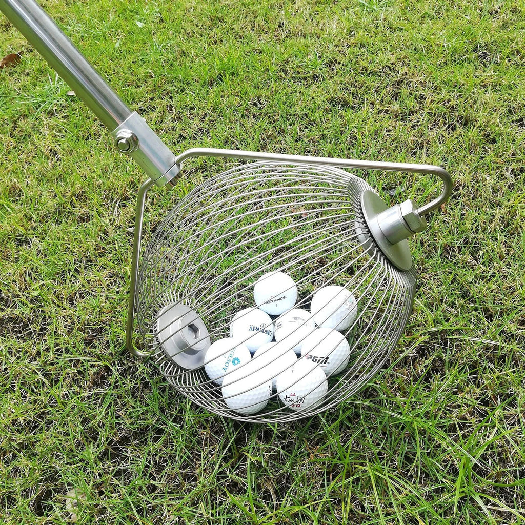 Stainless steel golf ball picker tool in metallic colour for retrieving balls from hazards.