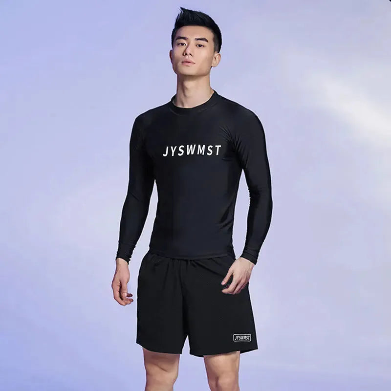 Men's two-piece plus size swimming trunks set in polyester, showing colour options A Suit, B Suit, and C Suit.