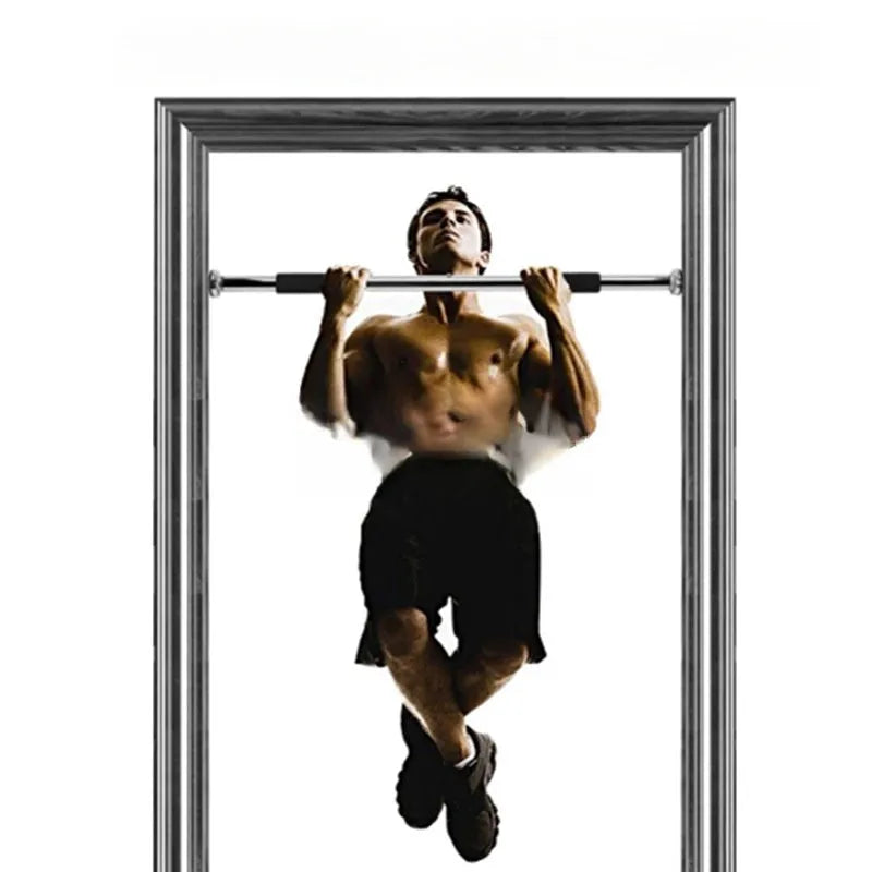 Adjustable steel pull-up bar mounted in door frame for home fitness