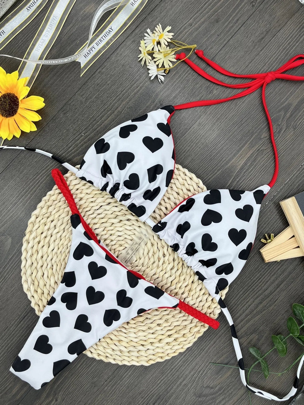 Women's backless split swimsuit with heart printing in quick-dry nylon fabric