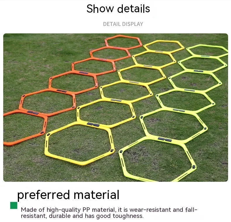 Set of six foldable yellow, green, and orange hexagon plastic agility training rings for football drills.
