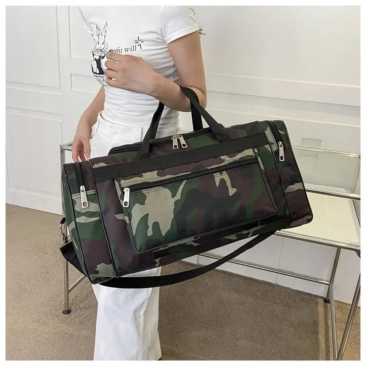Camouflage pattern luggage bag with waterproof fabric and striped polyester lining