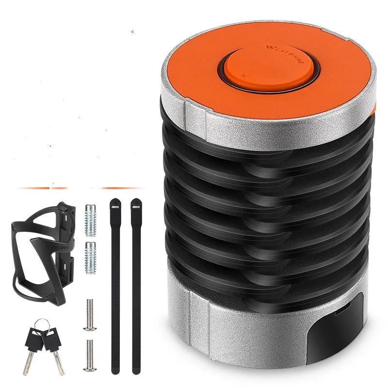 Black and black orange portable bicycle folding lock with a segmented, link-based design on a bicycle frame.