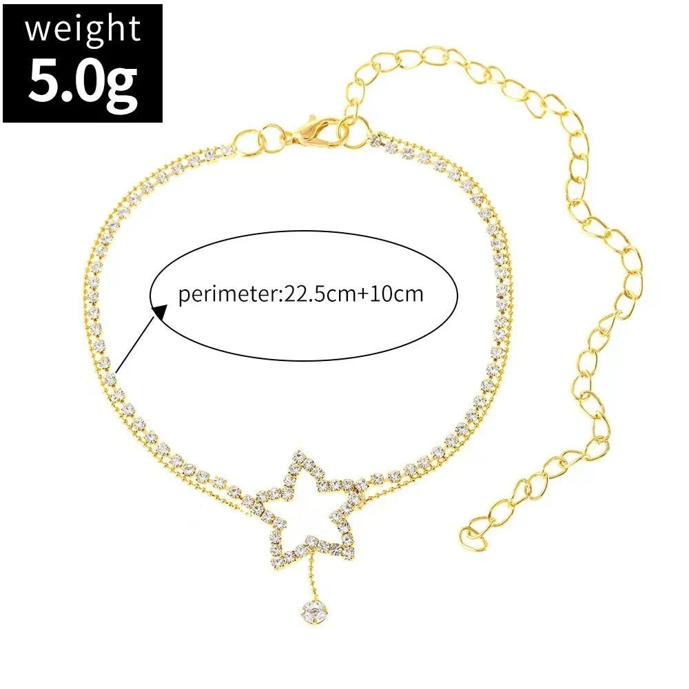 Women's five-pointed star heart rhinestone necklace anklet in gold or silver with plated artificial gemstone inlay