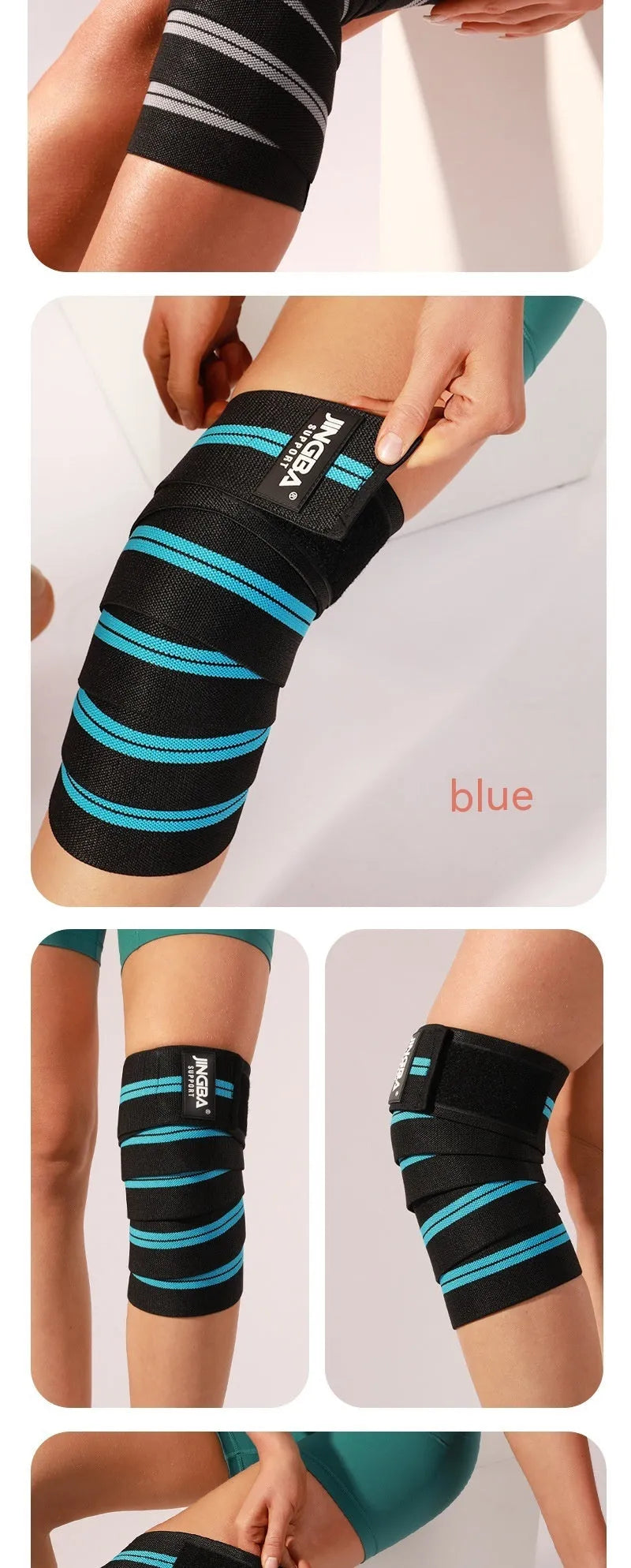 Adult adjustable sports knee pad in blue, shown for weightlifting and cycling protection.