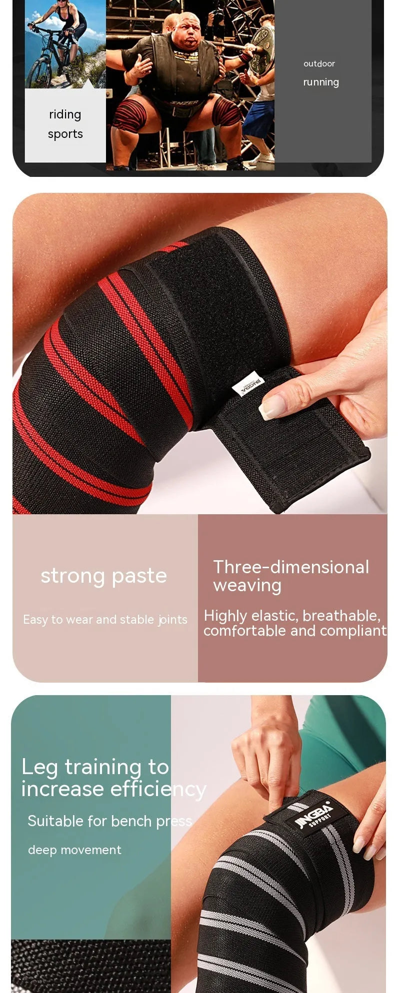 Adult adjustable sports knee pad in blue, shown for weightlifting and cycling protection.