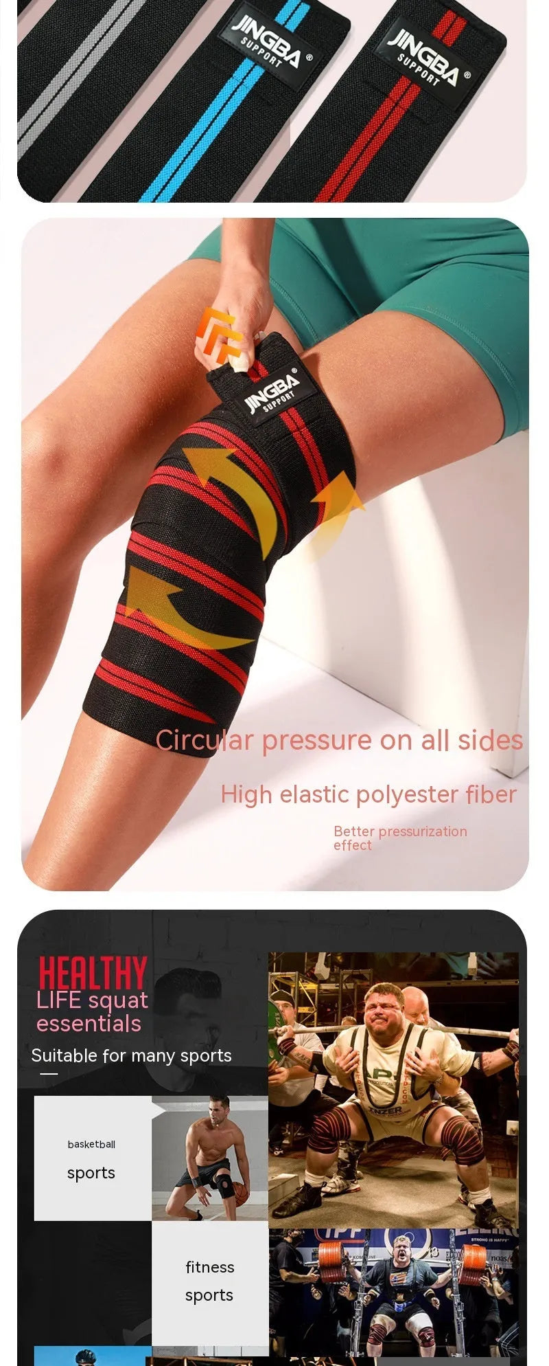 Adult adjustable sports knee pad in blue, shown for weightlifting and cycling protection.