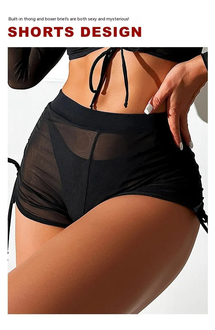 Black mesh women's bikini four-piece swimwear set with long sleeves