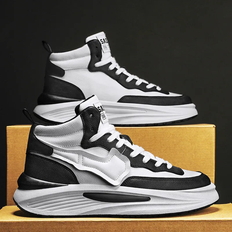 Men's black and white platform high-top board shoes with round toe and wear-resistant PU upper