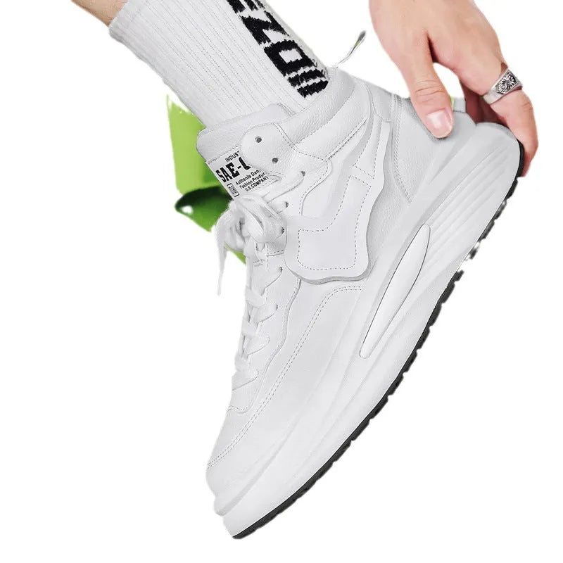 Men's black and white platform high-top board shoes with round toe and wear-resistant PU upper