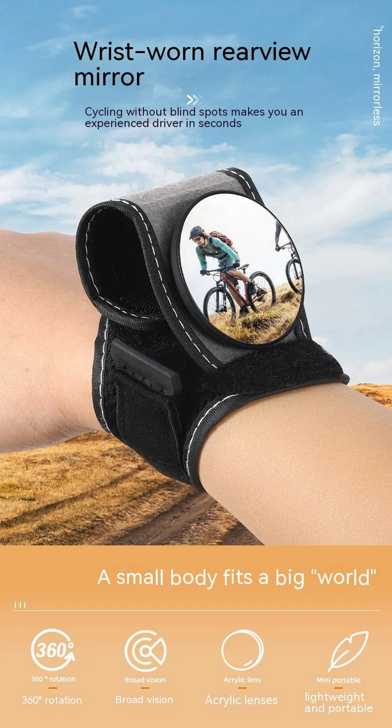 Black nylon wrist-mounted cycling rear-view mirror for bicycle safety
