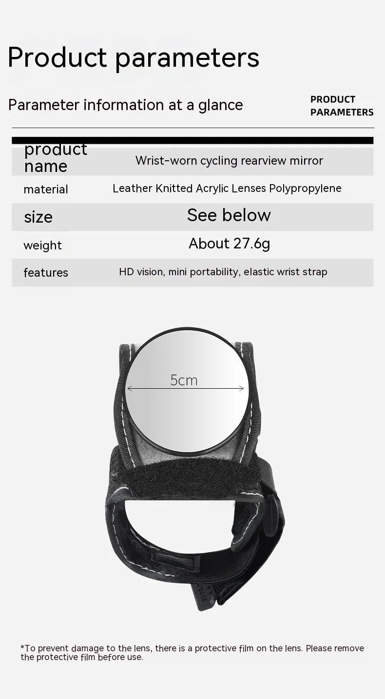 Black nylon wrist-mounted cycling rear-view mirror for bicycle safety
