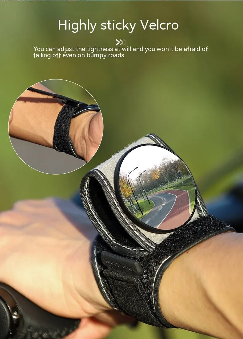 Black nylon wrist-mounted cycling rear-view mirror for bicycle safety