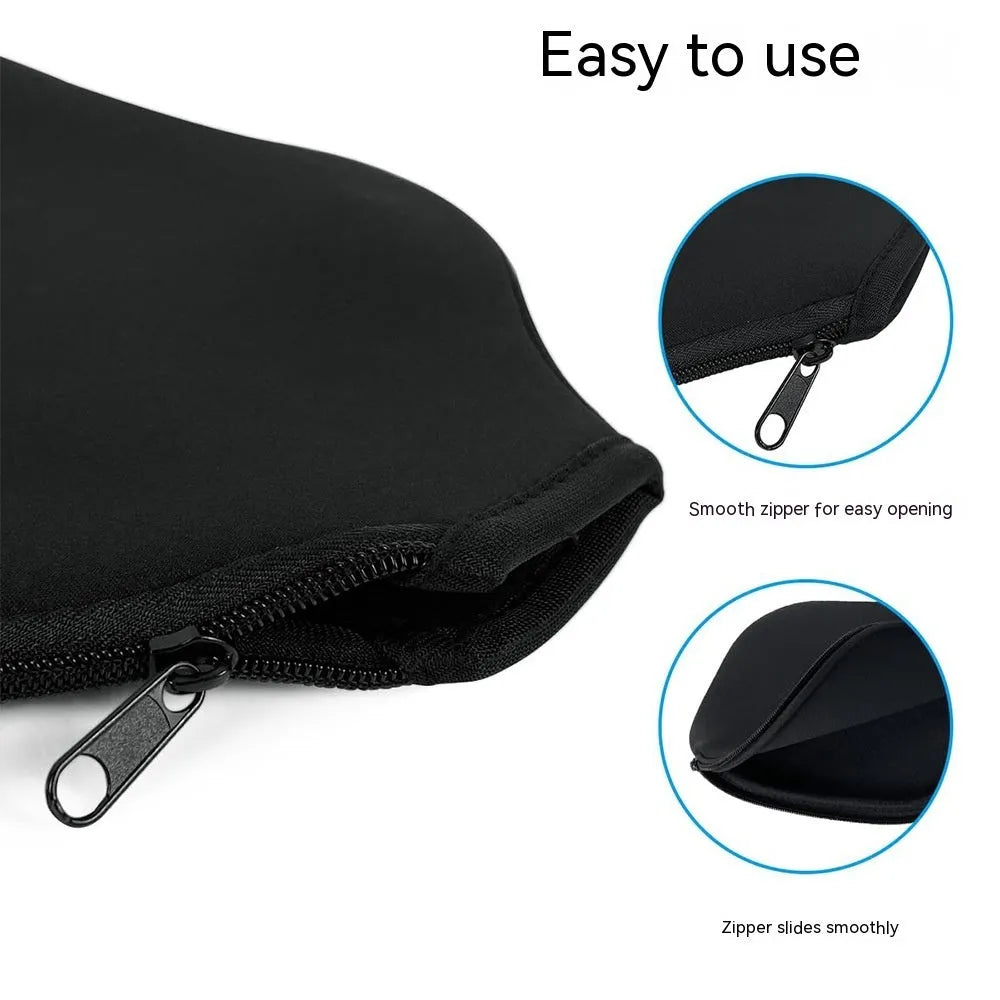 Black neoprene protective sleeve for a table tennis racket.