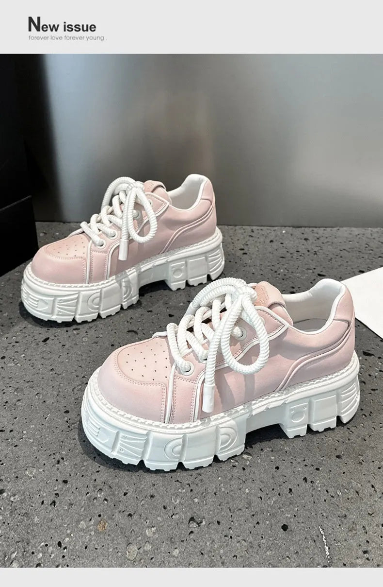 Women's casual leather shoes with spring muffin bottom design in beige or pink colours