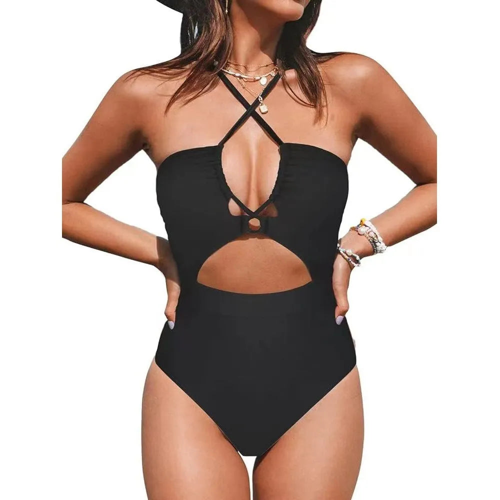 Women's solid colour backless one-piece swimsuit in polyester