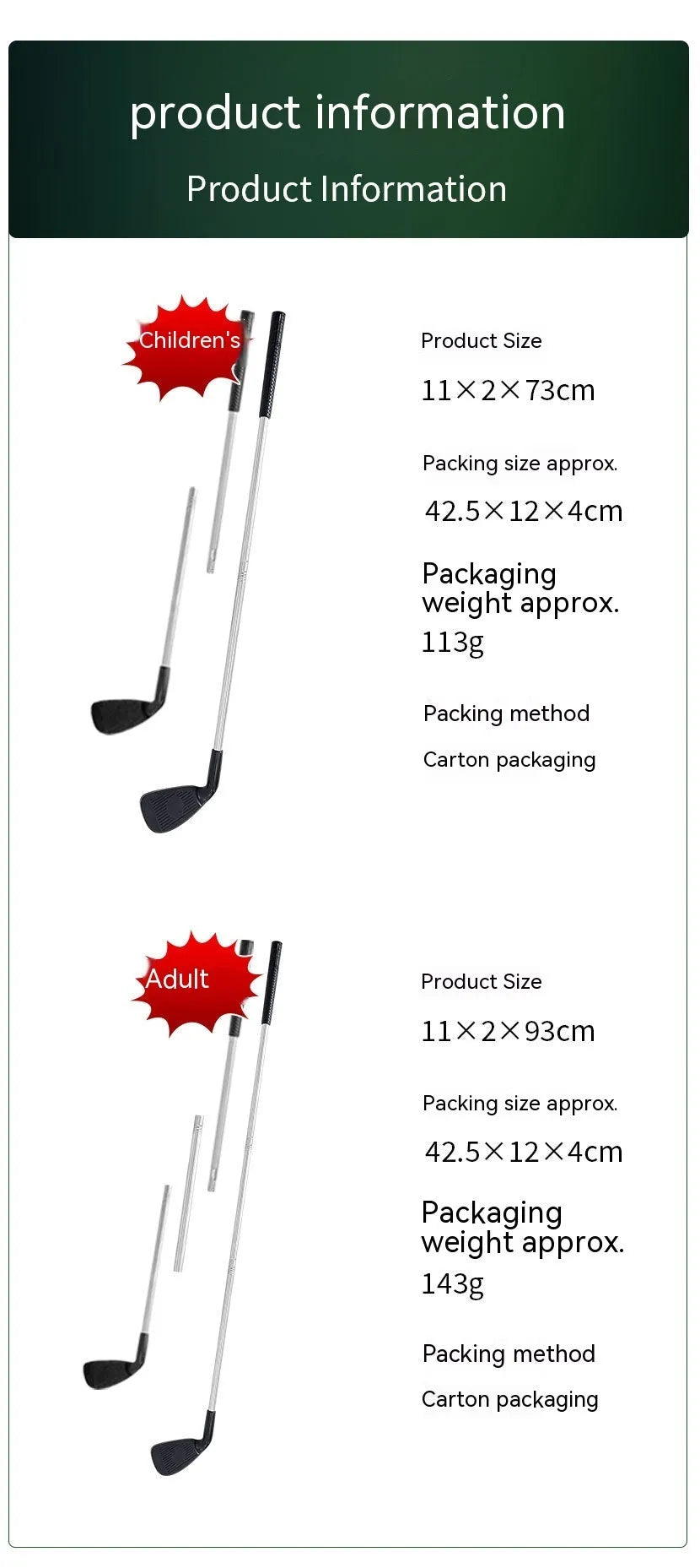 Metal golf club set showing adult and children's sizes for outdoor practice and recreational sports