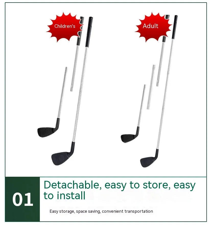 Metal golf club set showing adult and children's sizes for outdoor practice and recreational sports