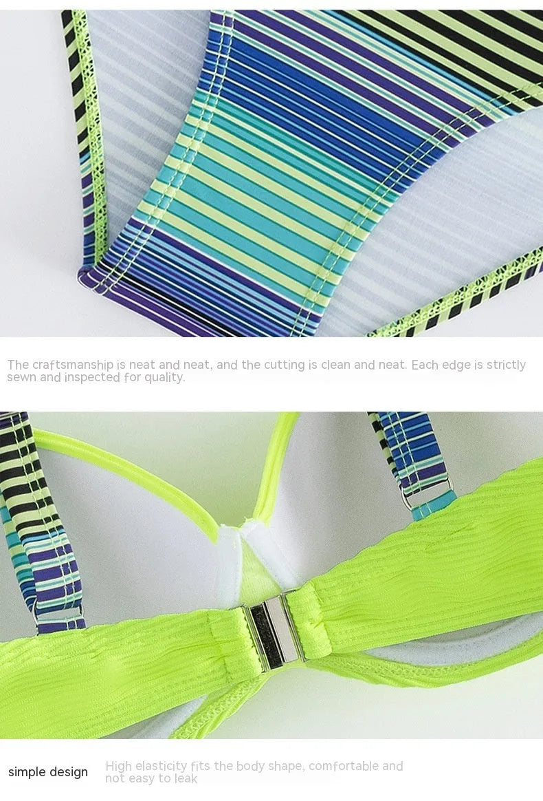 Green printed halter bikini set with split briefs for women in polyester fabric