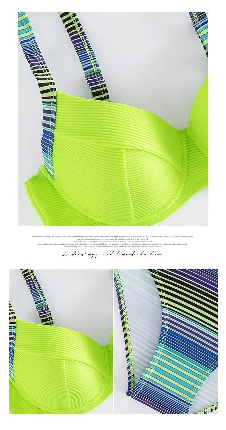 Green printed halter bikini set with split briefs for women in polyester fabric